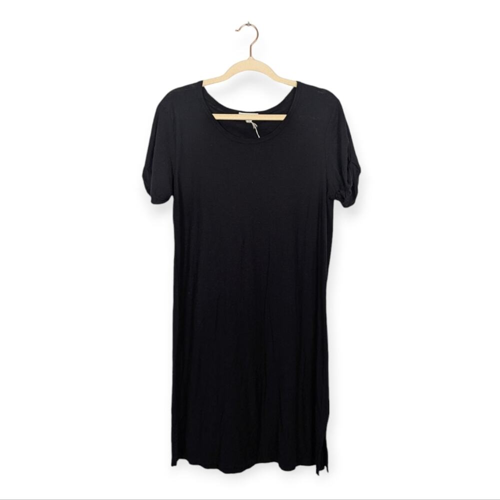 James Perse Black Slub Jersey Cuffed Sleeve Casual T-Shirt Dress